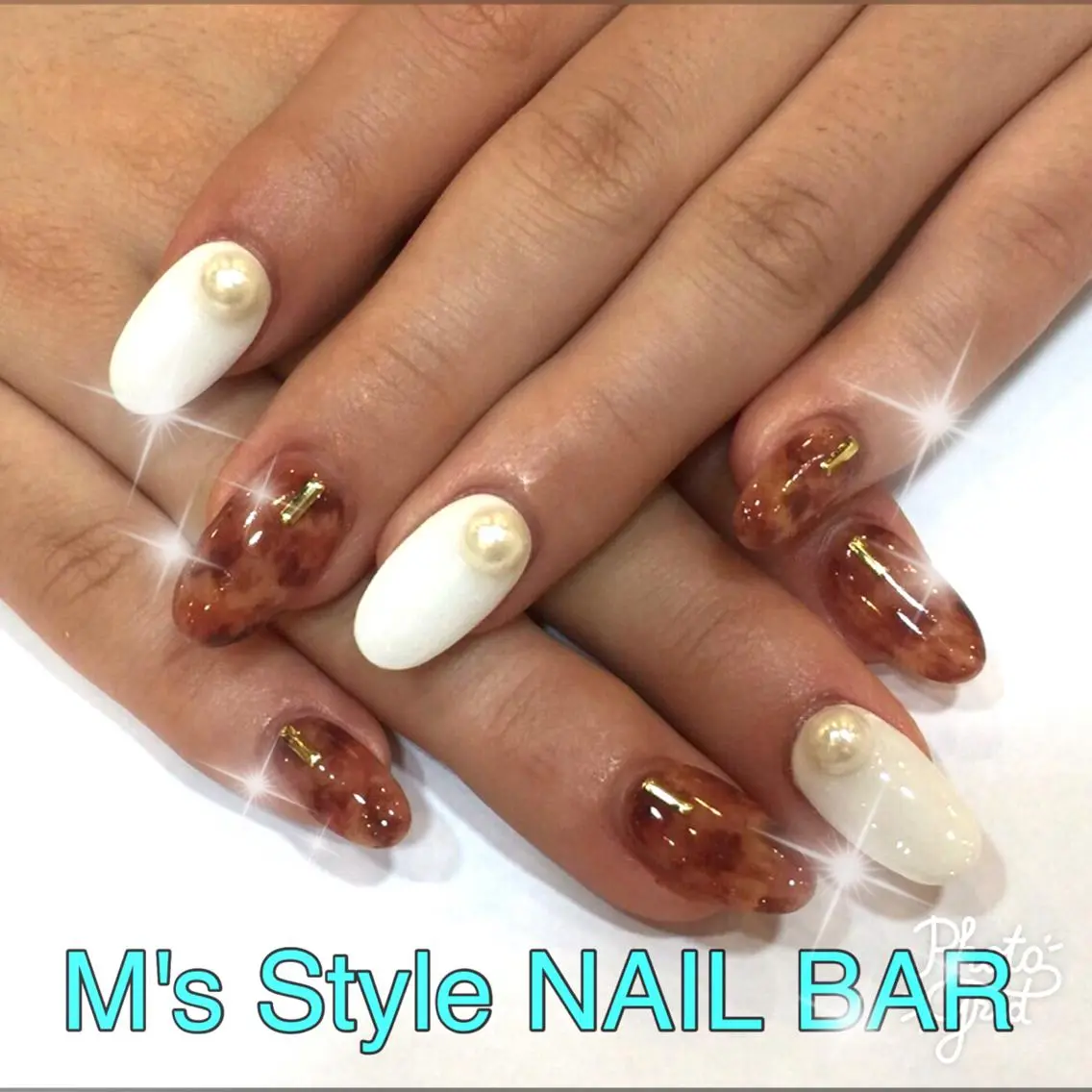 ネイル アートネイル べっ甲ネイル ホワイト ハンドネイル M's Style NAIL BARのネイルデザイン