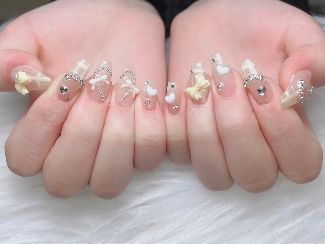 ネイル ガーリー ハート 韓国ネイル ニュアンスネイル リボン Sora nail 長さ出し専門店のネイルデザイン