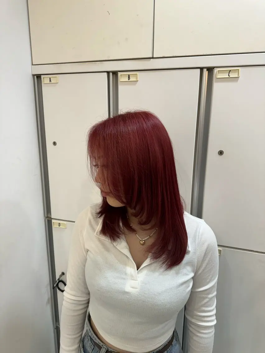ロング カラー ブリーチ レッドカラー レイヤーカット ブリーチなしwカラー /艶カラー/oukaのヘアスタイル