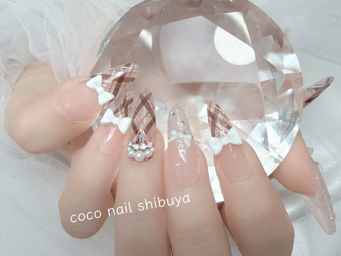 ネイル 成人式 大理石ネイル(マーブル) リボン 夏ネイル ネイルチップ ハンドネイル Mei Salon 長さ出し専門店のネイルデザイン