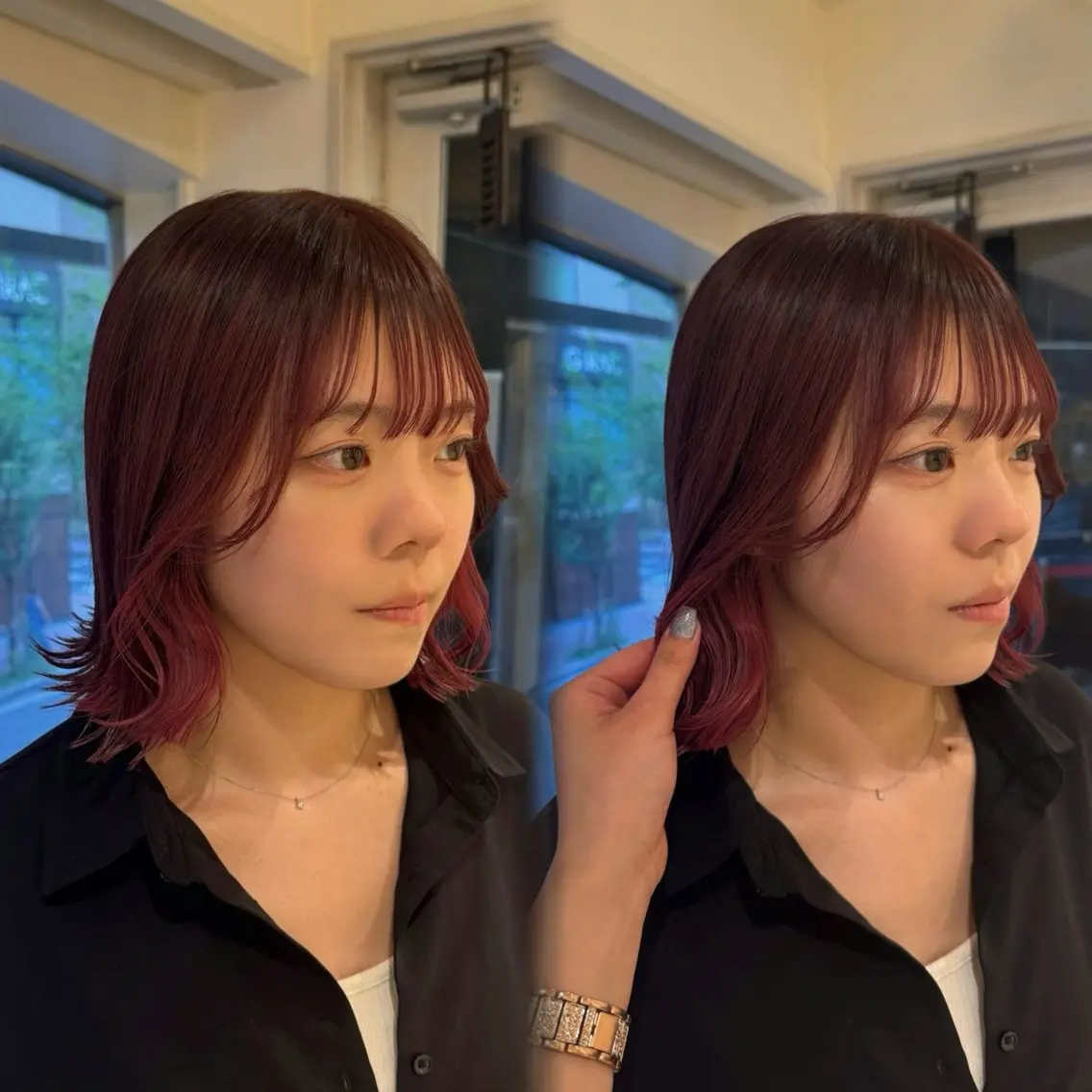カラー ブリーチ ボルドーカラー ブリーチなしカラー 艶髪／カラー／ 銀座／RINA🎀のヘアスタイル