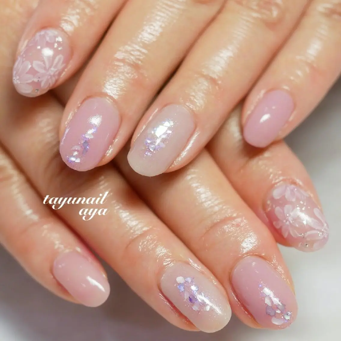 ネイル ブルー フラワーネイル ジェルネイル パラジェル ピンク ネイルサロン 【たゆnail】のネイルデザイン