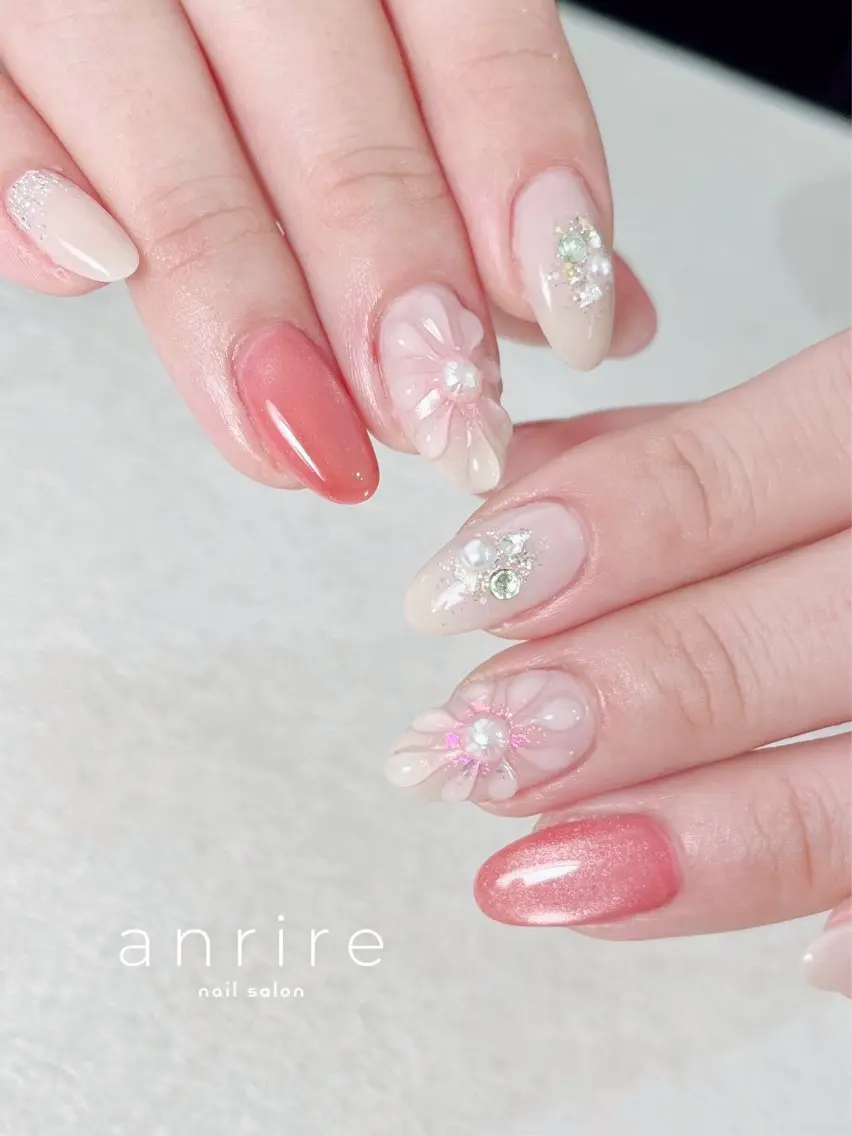 ネイル フラワーネイル マグネットネイル ぷっくりネイル 春ネイル nailsalon anrireのネイルデザイン