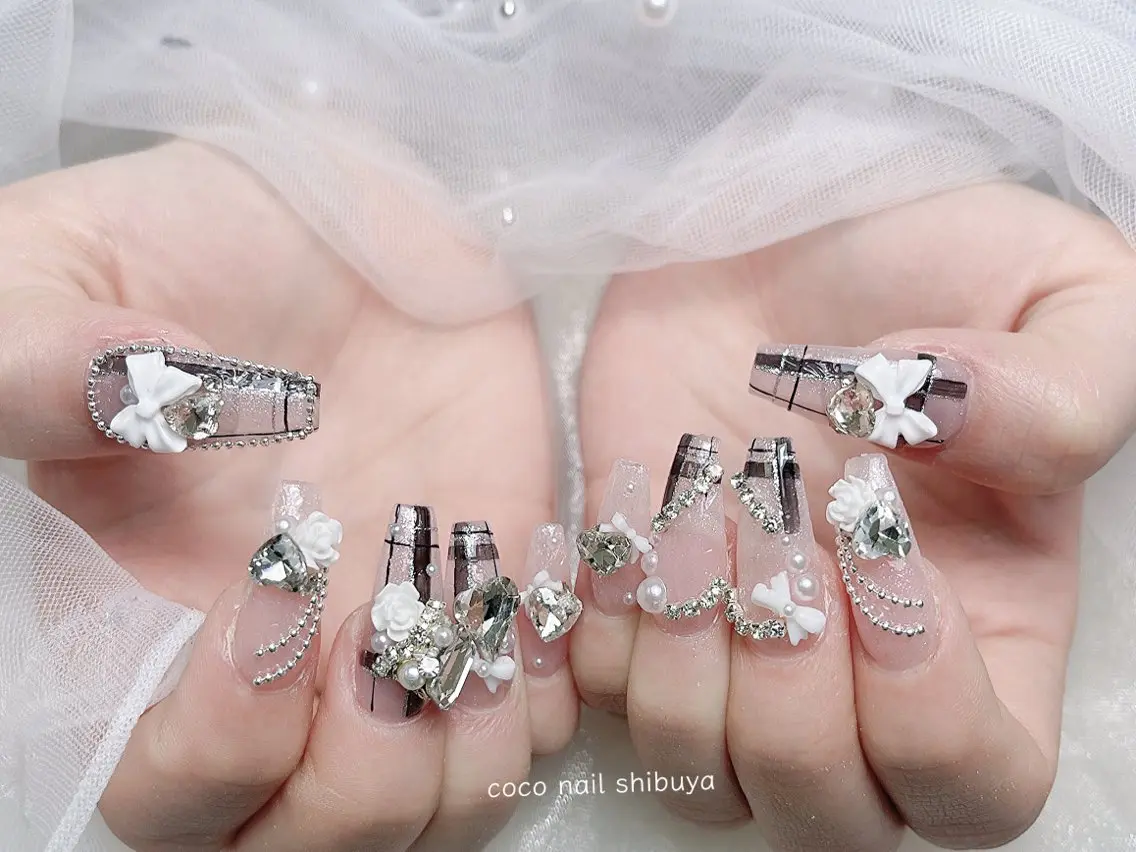 ネイル 成人式 大理石ネイル(マーブル) リボン 夏ネイル ネイルチップ ハンドネイル CoCo Nail 長さ出し専門店のネイルデザイン