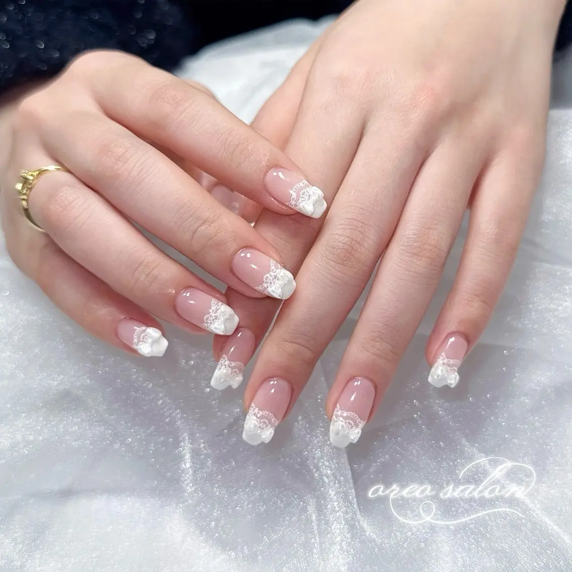 ネイル フレンチネイル レース リボン バレンタイン ホワイト oreo salon miyu 池袋のネイルデザイン