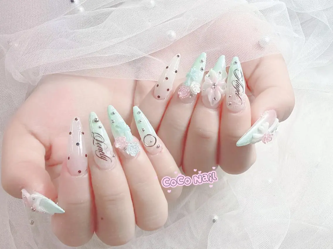 ネイル 成人式 大理石ネイル(マーブル) リボン 夏ネイル ネイルチップ ハンドネイル Mi Na Nail Salonのネイルデザイン