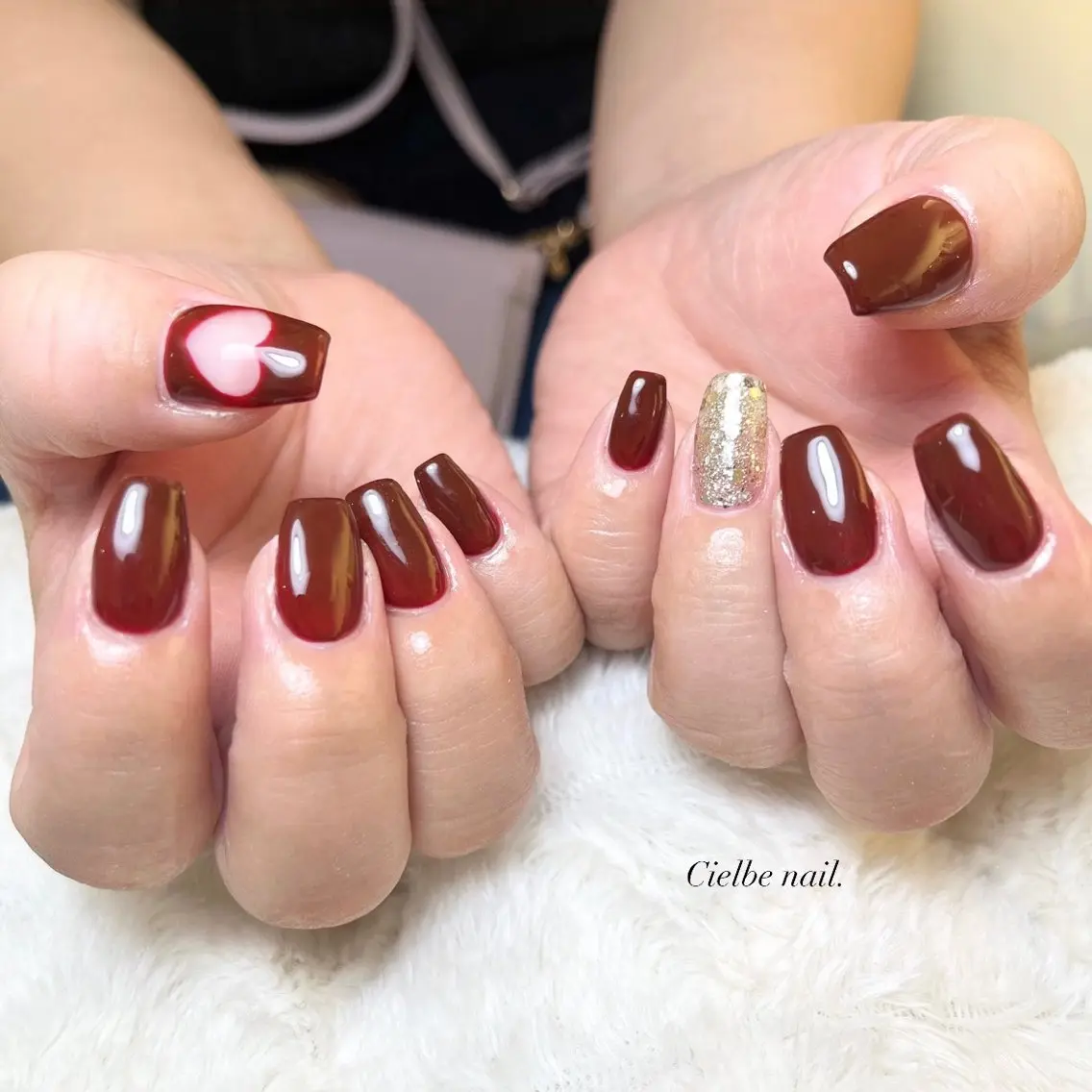 ネイル ハート ラメ(グリッター) シルバー ハンドネイル cielbe nailのネイルデザイン