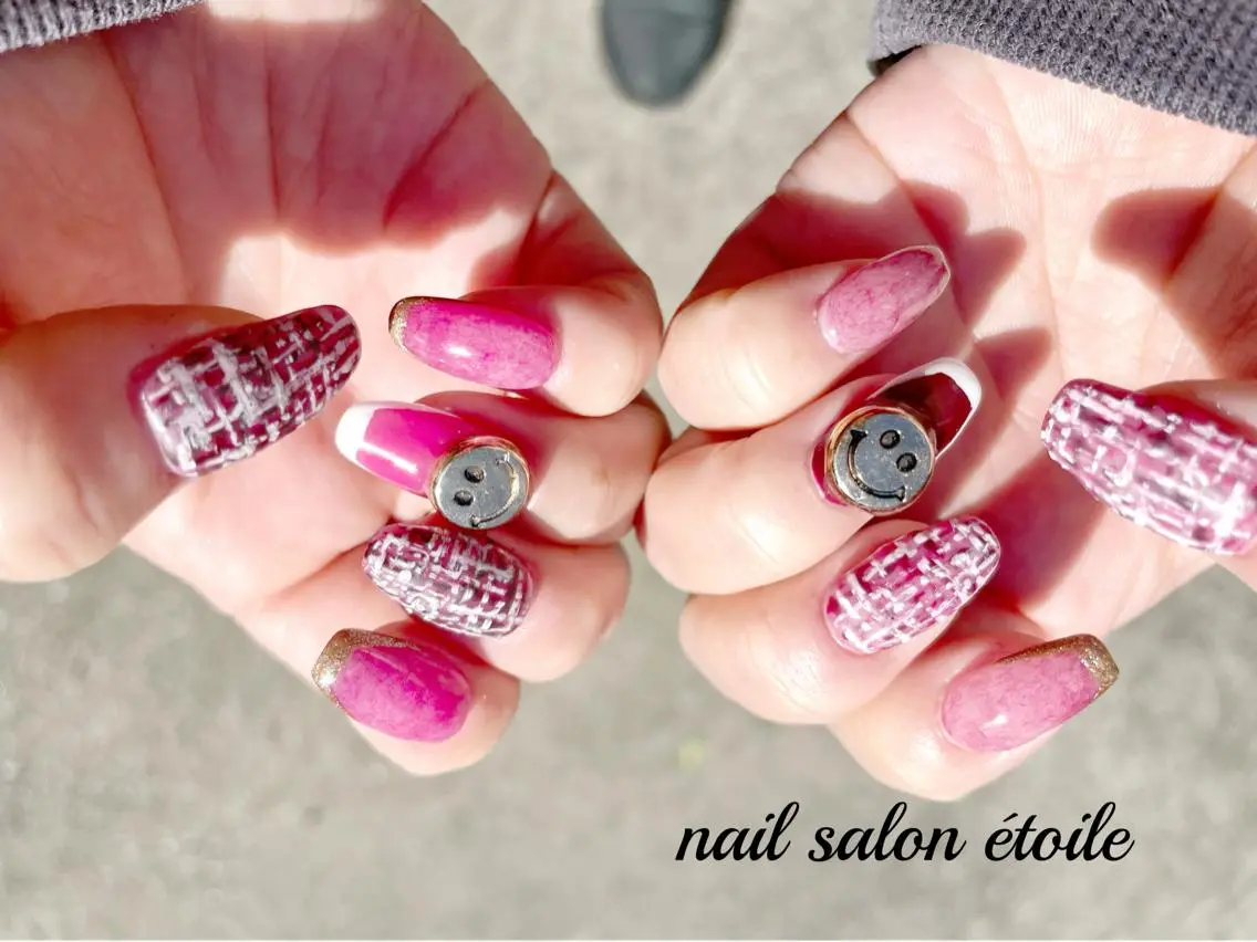 ネイル アートネイル フレンチネイル ジェルネイル ピンク ツイードネイル ハンドネイル nail salon étoileのネイルデザイン
