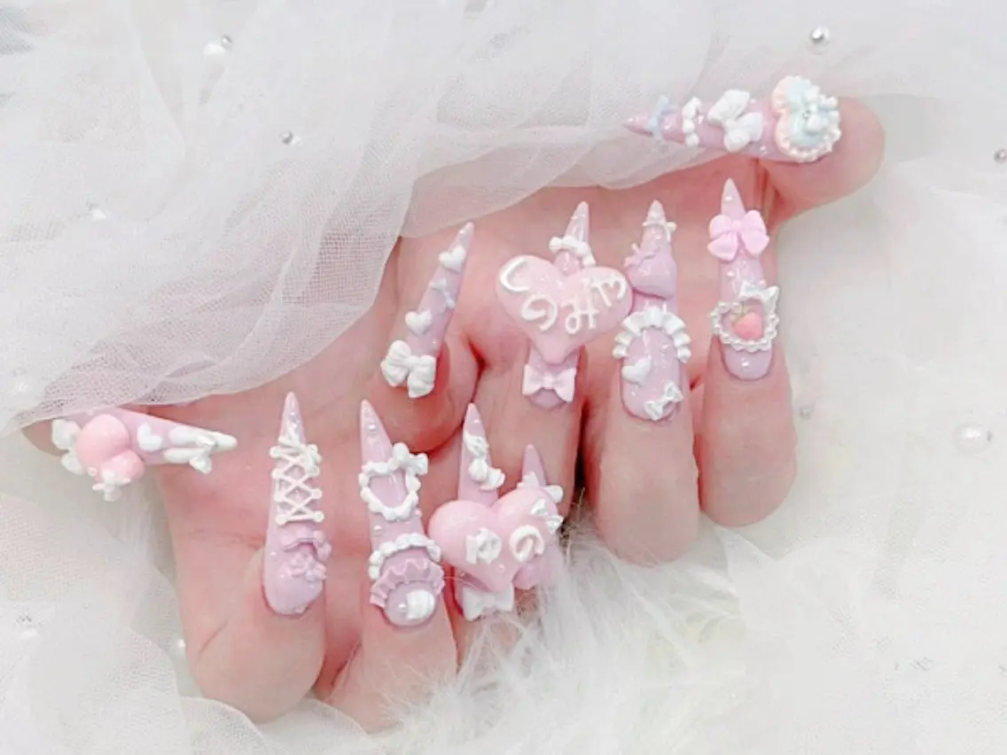 ネイル 成人式 大理石ネイル(マーブル) リボン 夏ネイル ネイルチップ ハンドネイル MoMoA Nail ネイル長さ出し専門店のネイルデザイン