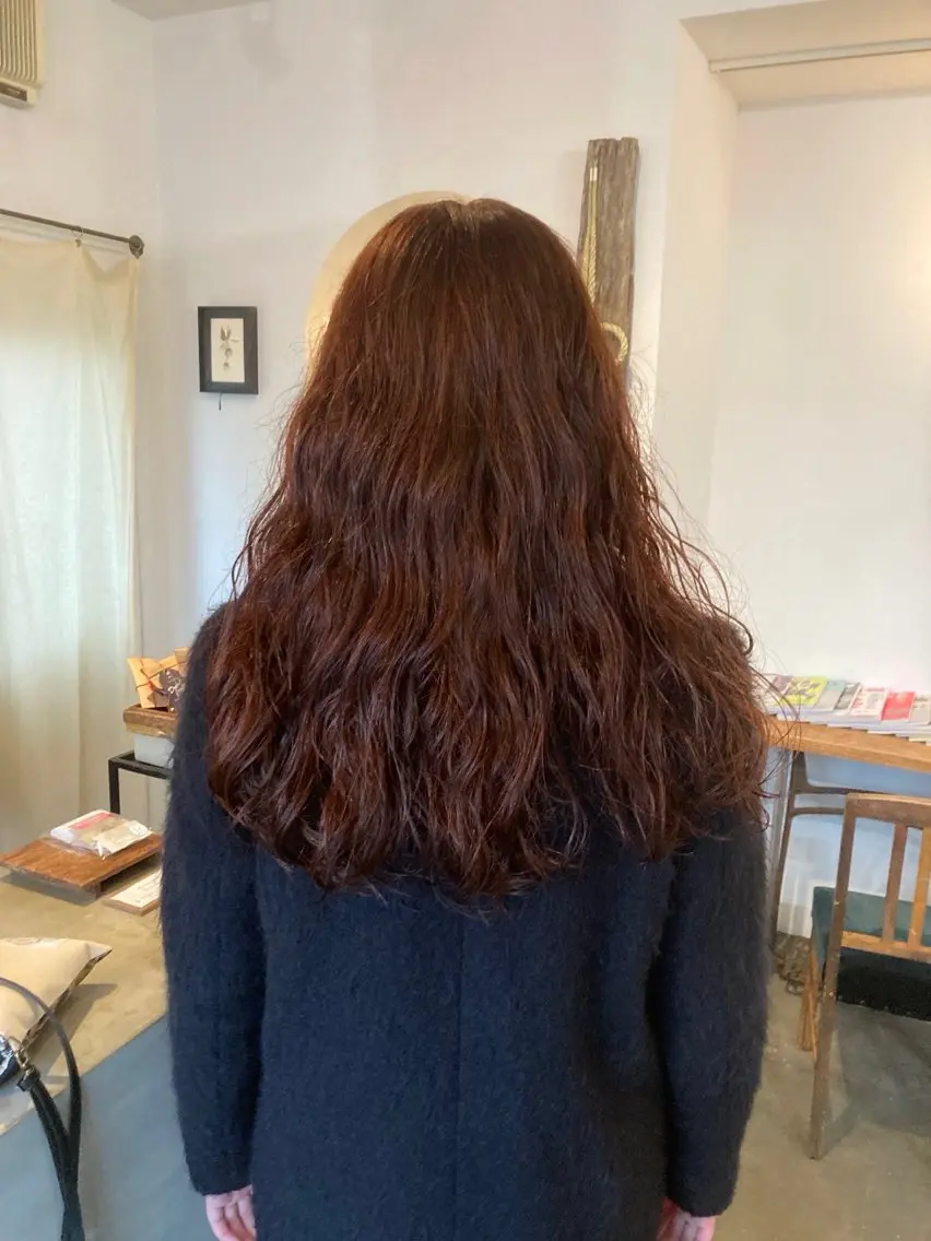 ロング カラー パーマ 黒髪 オレンジ vahan✂︎ 小林未果🕊のヘアスタイル