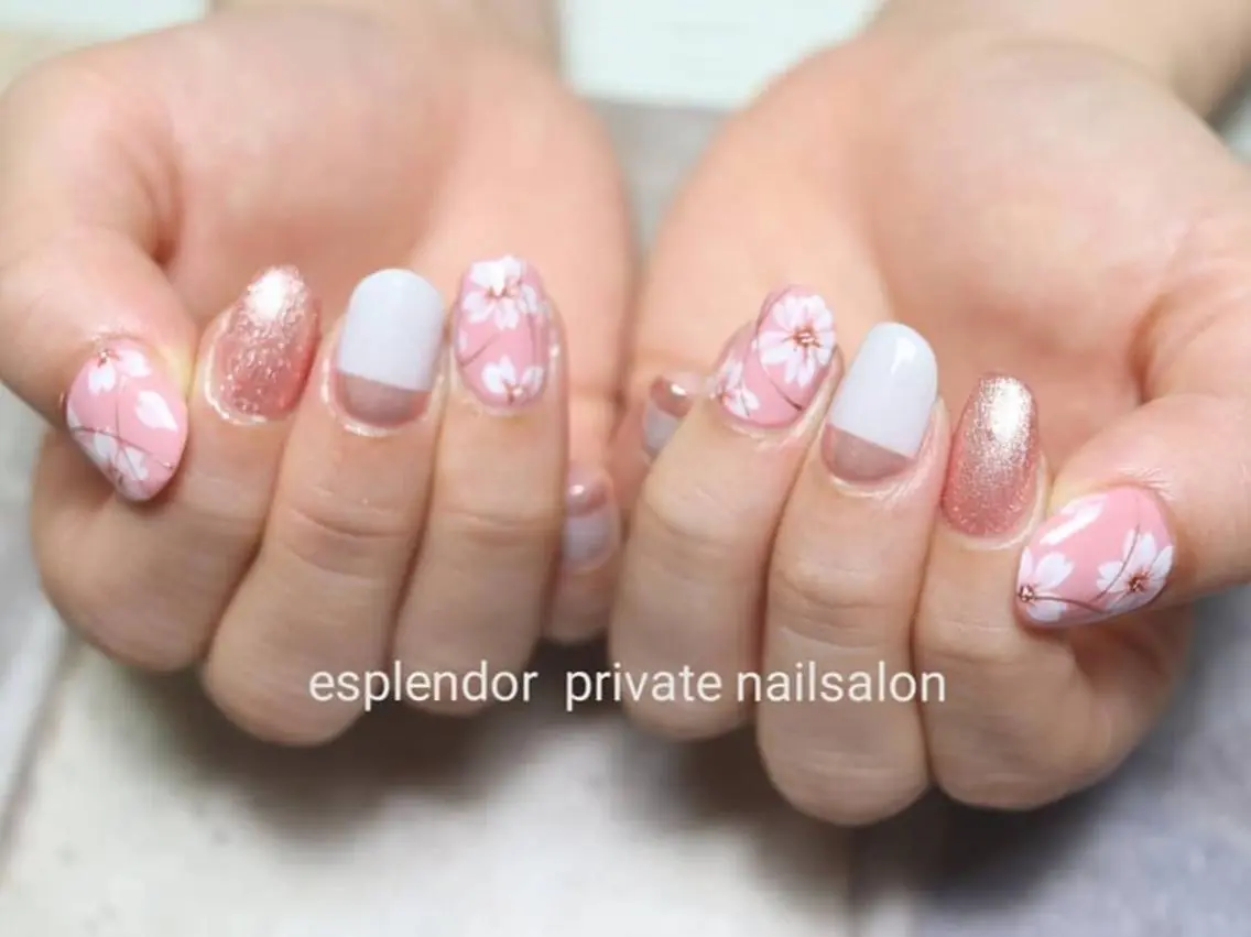 ネイル 桜ネイル フレンチネイル ミラーネイル esplendor  小野寺のネイルデザイン