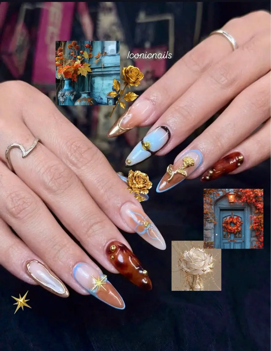 ネイル ブルー ブラウン ゴールド 持ち込み ニュアンスネイル Iconic Nailのネイルデザイン