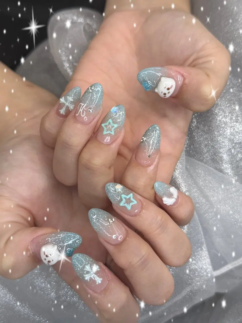 ネイル フットネイル 氷ネイル・うるうるネイル マットネイル ニュアンスネイル リボン ハンドネイル Akina Nailのネイルデザイン