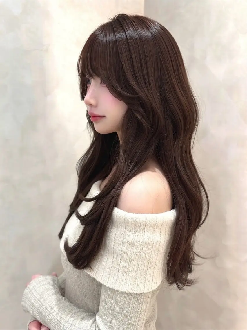 ロング くびれヘア 顔周りカット 韓国風ヘア レイヤーカット サイドバング カット ヘアカラー ワンホンヘア/ レイヤー/韓国/石川のヘアスタイル