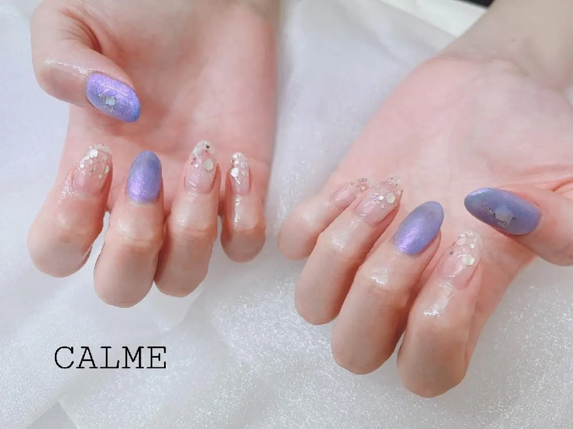 ネイル ブルー キラキラネイル 韓国ネイル パープル 夏ネイル ハンドネイル CALME ♡のネイルデザイン