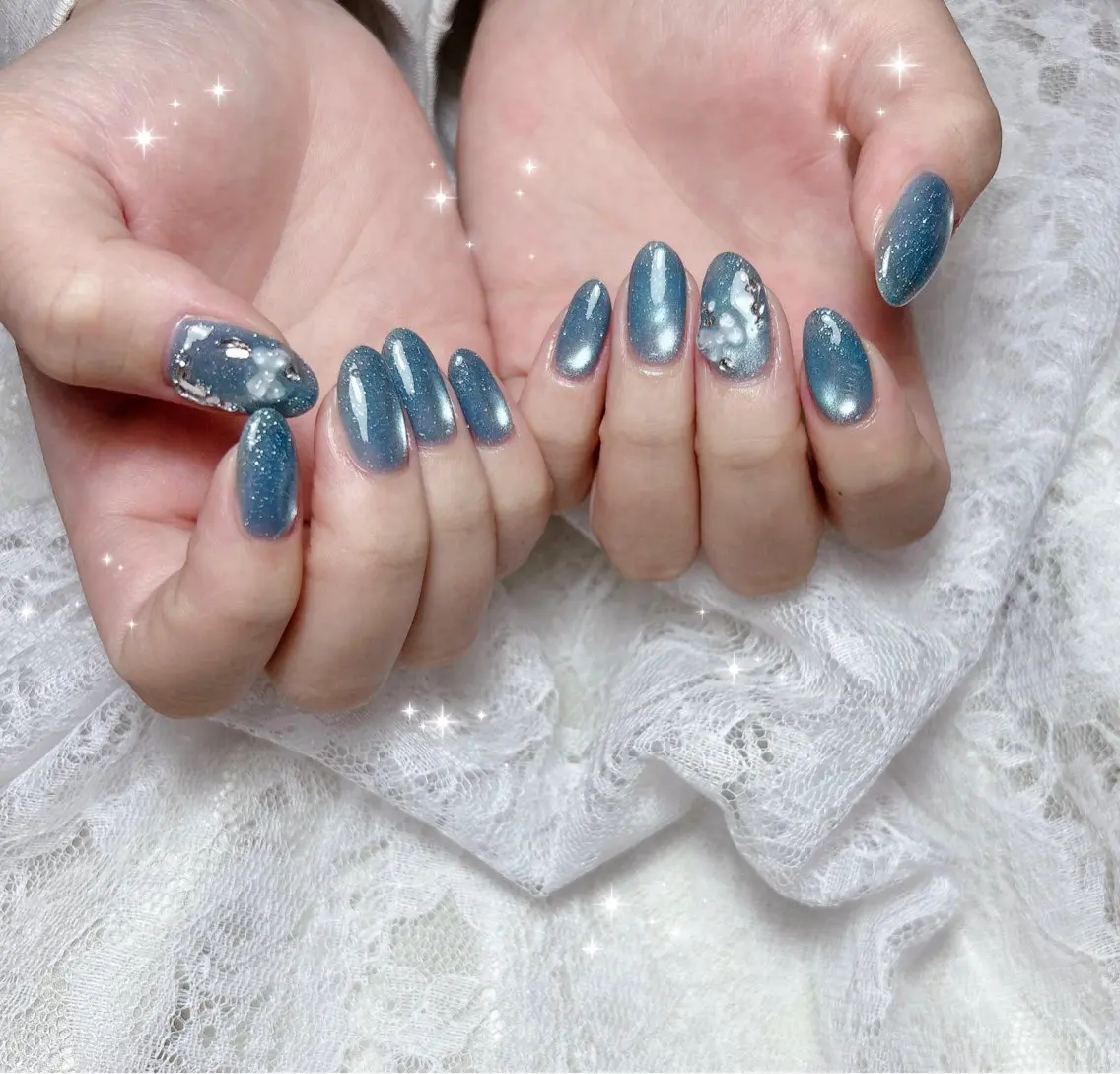 ネイル ブルー マグネットネイル ハンドネイル FLARE NAIL フレアネイルのネイルデザイン