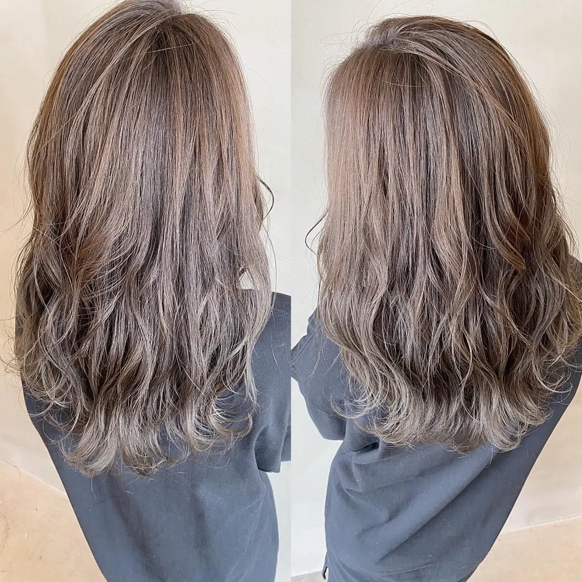 セミロング カラー ヘアアレンジ ネイル マツエク・マツパ セミロングパーマ アッシュ バレイヤージュ ベージュカラー 透明感カラー 夜23時まで予約🉑 reverieあきらのヘアスタイル