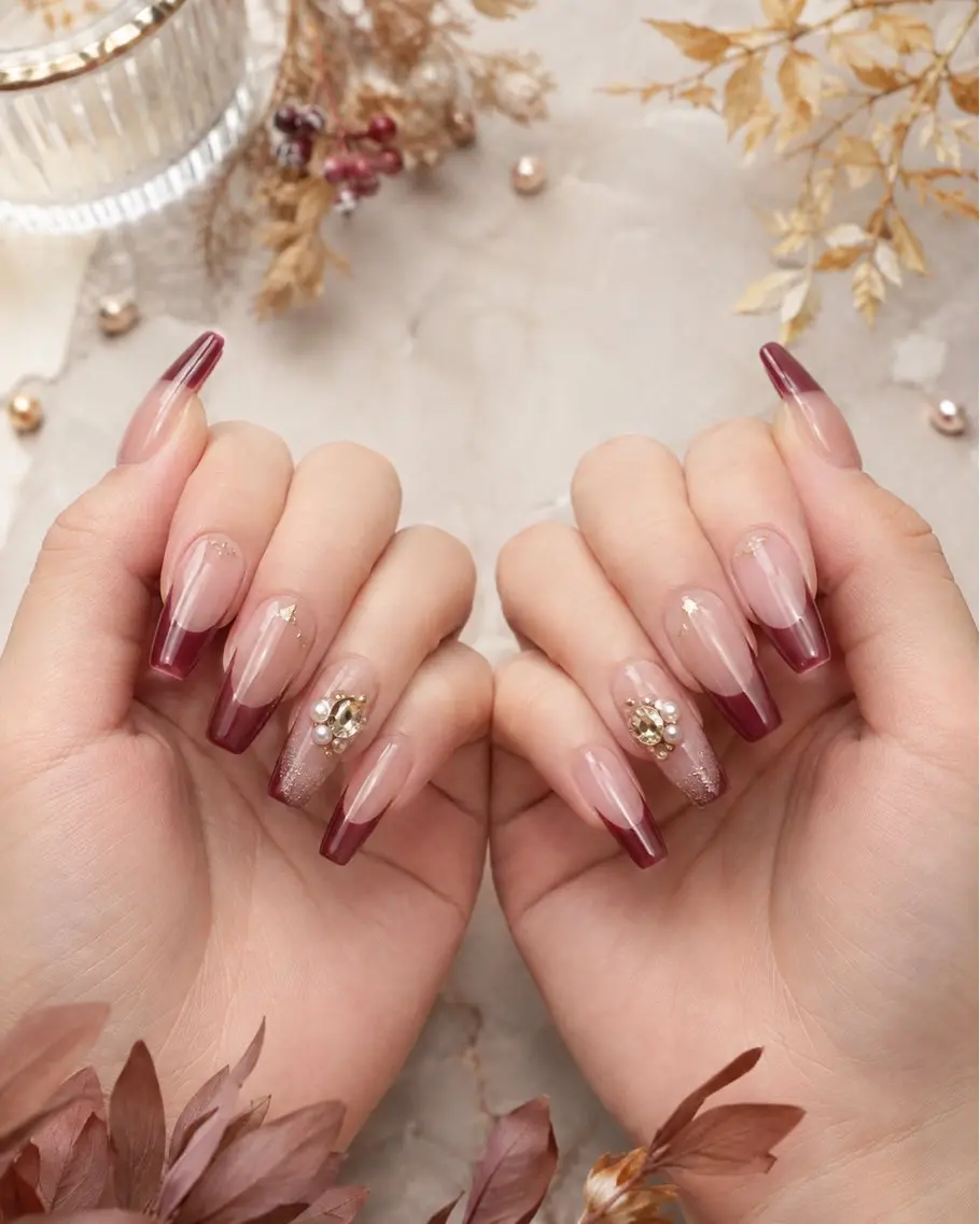 ネイル ボルドー フレンチネイル 赤色 シンプルネイル Nail salon Ka pilinaのネイルデザイン
