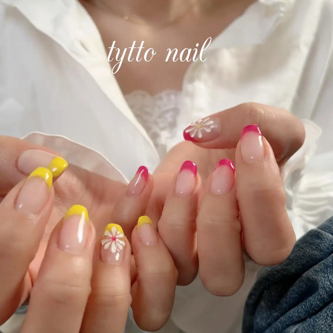 ネイル フラワーネイル フレンチネイル ピンク ぷっくりネイル 黄色 tytto nail ❤︎‪‪eri‪‪のネイルデザイン