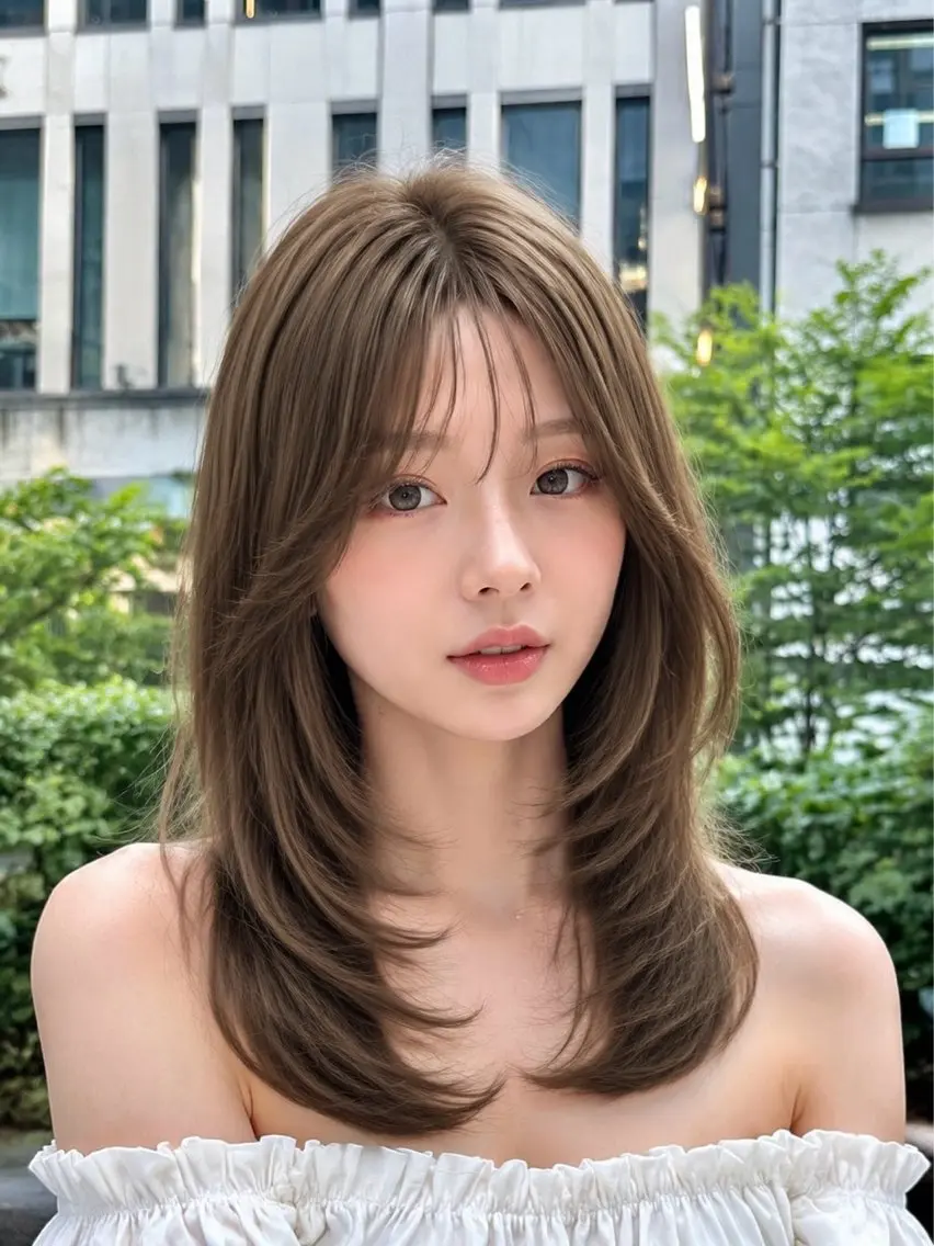 セミロング カラー パーマ カット ヘアカラー トリートメント 🫧色素薄めダブル カラー🩵レイヤーのヘアスタイル