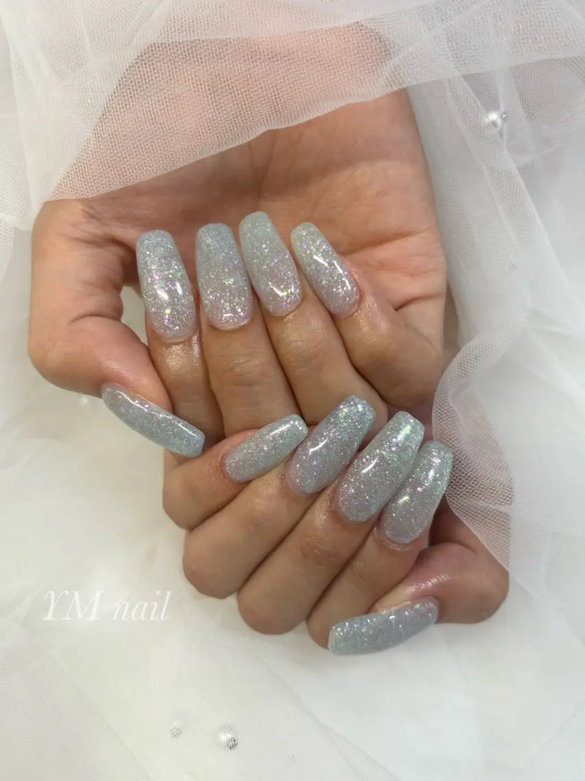 ネイル ラメ(グリッター) 水色 ワンカラーネイル スカルプネイル 夏ネイル ハンドネイル YM nailのネイルデザイン