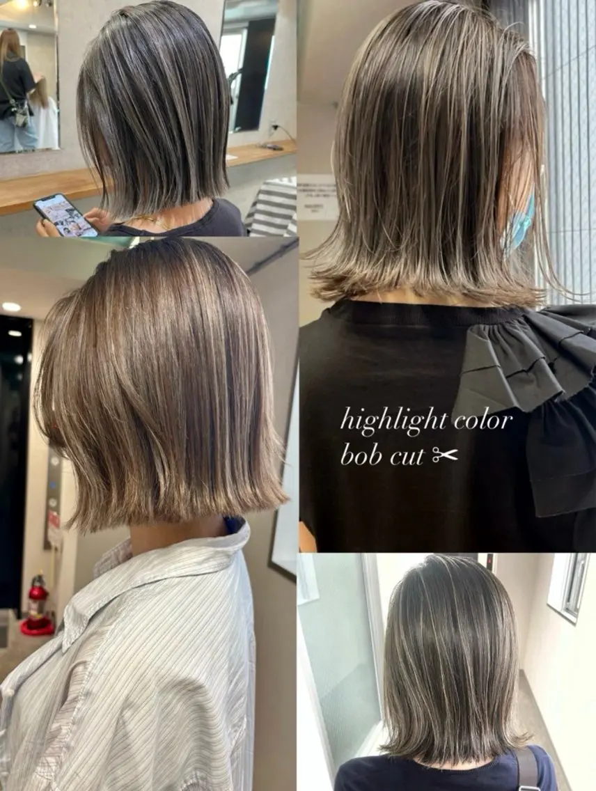 ショート カラー ハイライトカラー ボブ くびれヘア ハイライト ヘアカラー 松井那津子 /ハイライトブリーチのヘアスタイル
