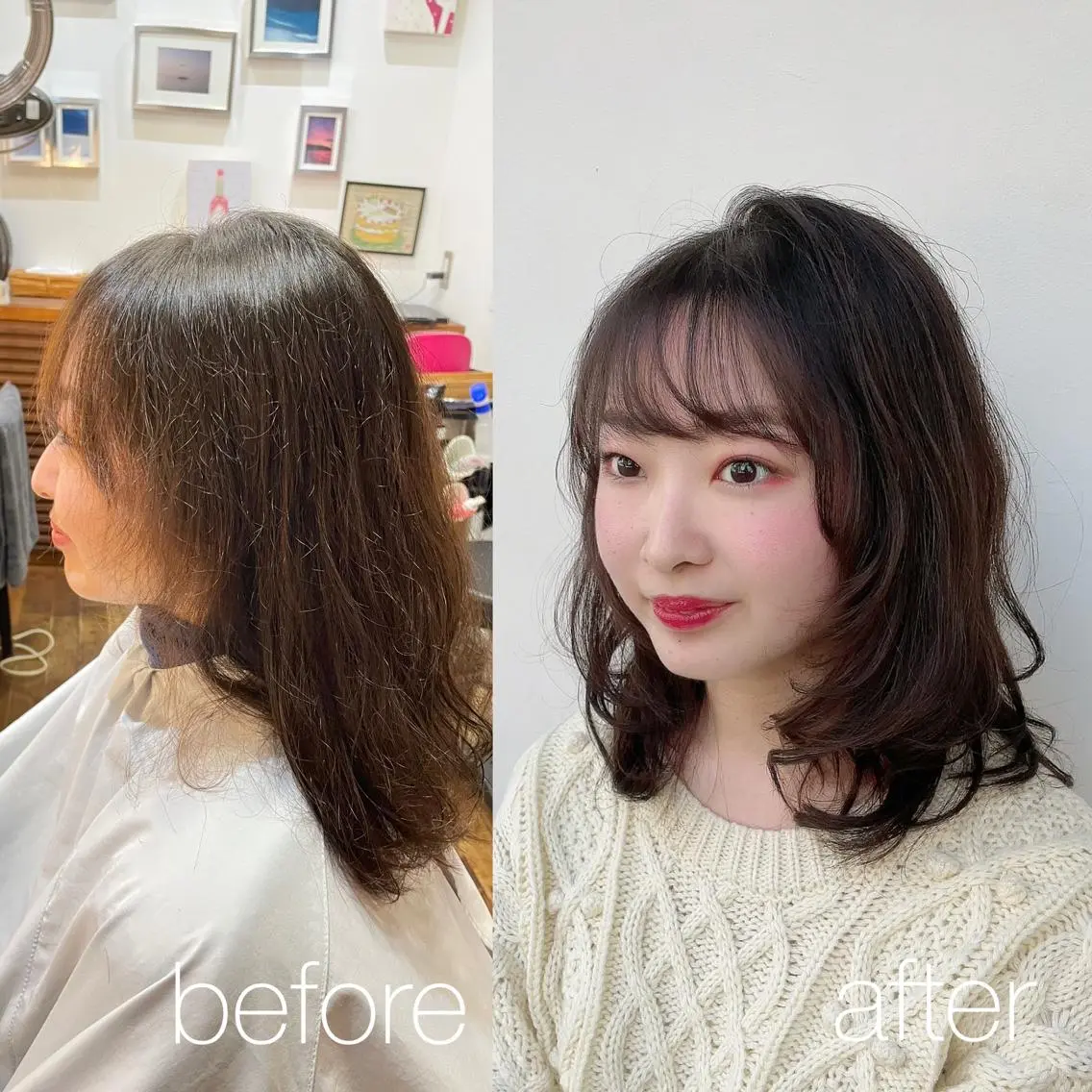 ミディアム くせ毛 レイヤーカット 小顔カット 伊熊 美砂のヘアスタイル