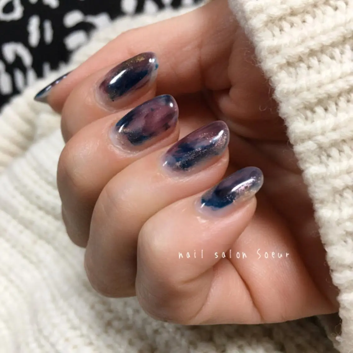 ネイル アートネイル ブルー ジェルネイル ニュアンスネイル ハンドネイル nail salon Soeurのネイルデザイン