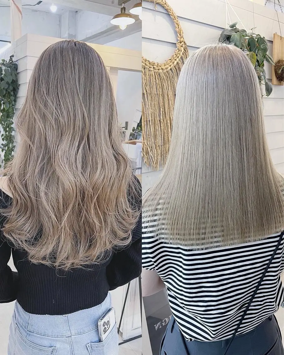 セミロング カラー ベージュカラー ハイトーンカラー ハイトーンベージュ ミルクティーベージュ ヘアカラー トリートメント AiM 大名　似合わせカットのヘアスタイル
