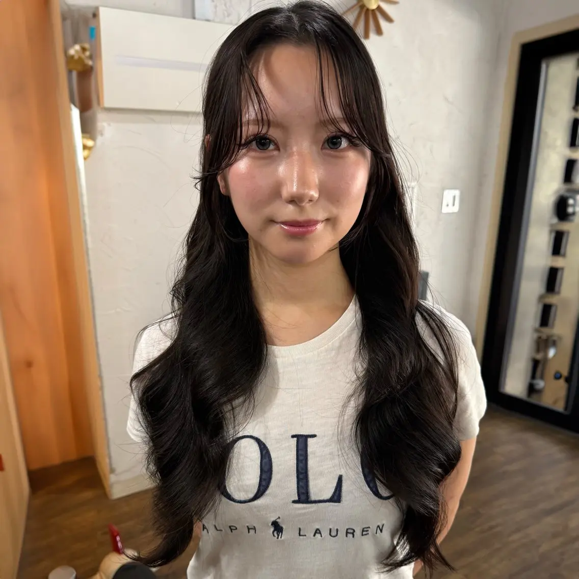 ロング カラー グレージュ ボブ くびれヘア 顔まわりレイヤー 顔周りカット カット ヘアカラー トリートメント 韓国レイヤー柔らかい 地毛風縮毛矯正/マツのヘアスタイル
