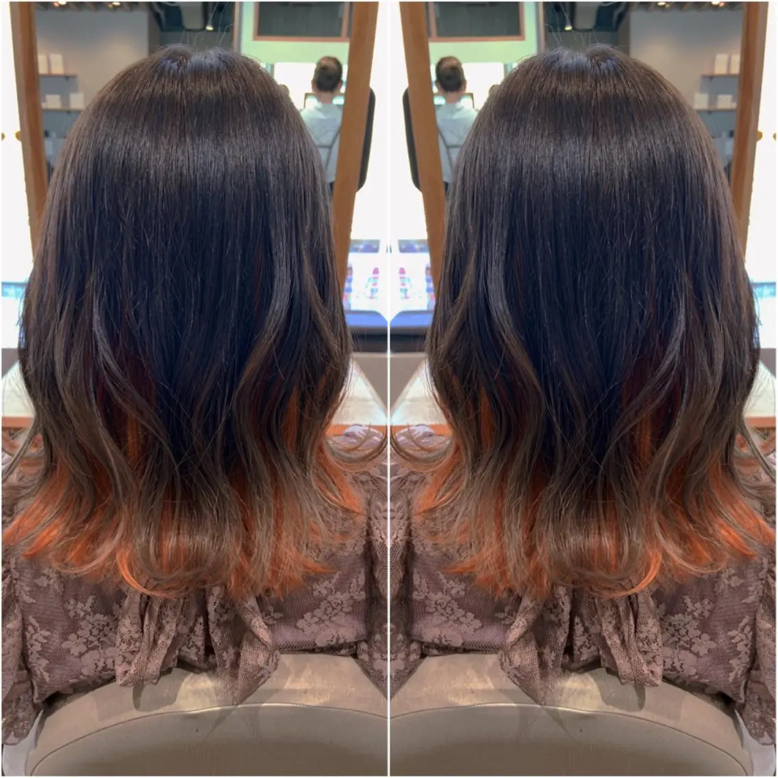 セミロング カラー ヘアアレンジ インナーカラー オレンジ 韓国hair🦋 Nanaのヘアスタイル