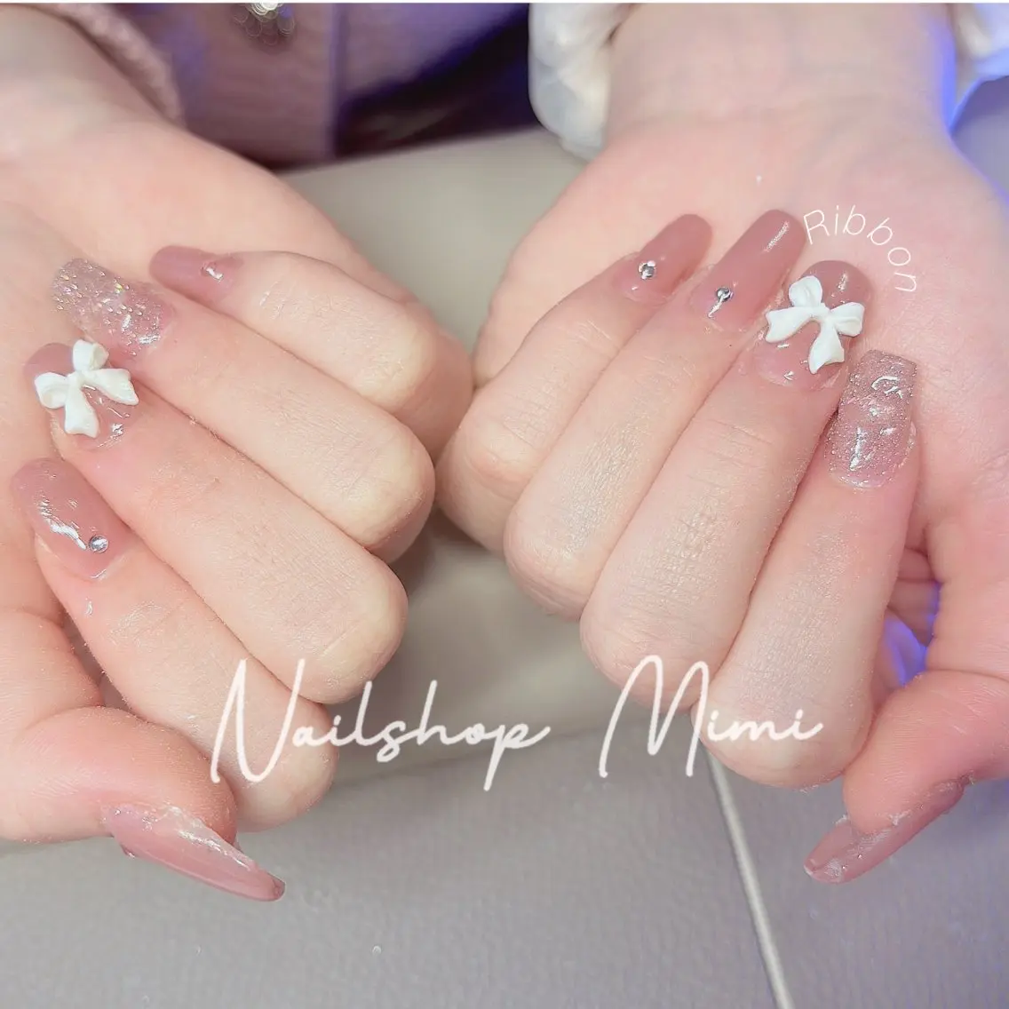ネイル フラッシュネイル ピンク リボン ワンホンネイル ハンドネイル Nailshop Mimiのネイルデザイン
