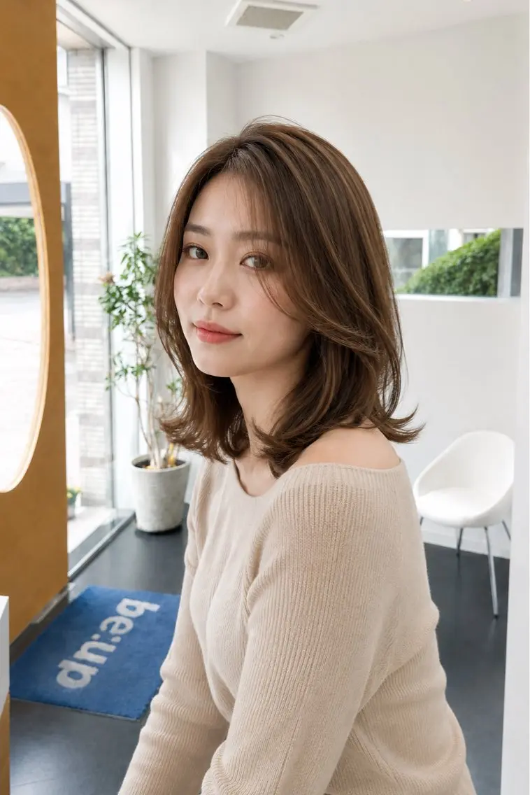 ミディアム カラー ベージュカラー ブラウンカラー くびれヘア 顔まわりレイヤー レイヤーカット カット ヘアカラー トリートメント 松本 将太のヘアスタイル