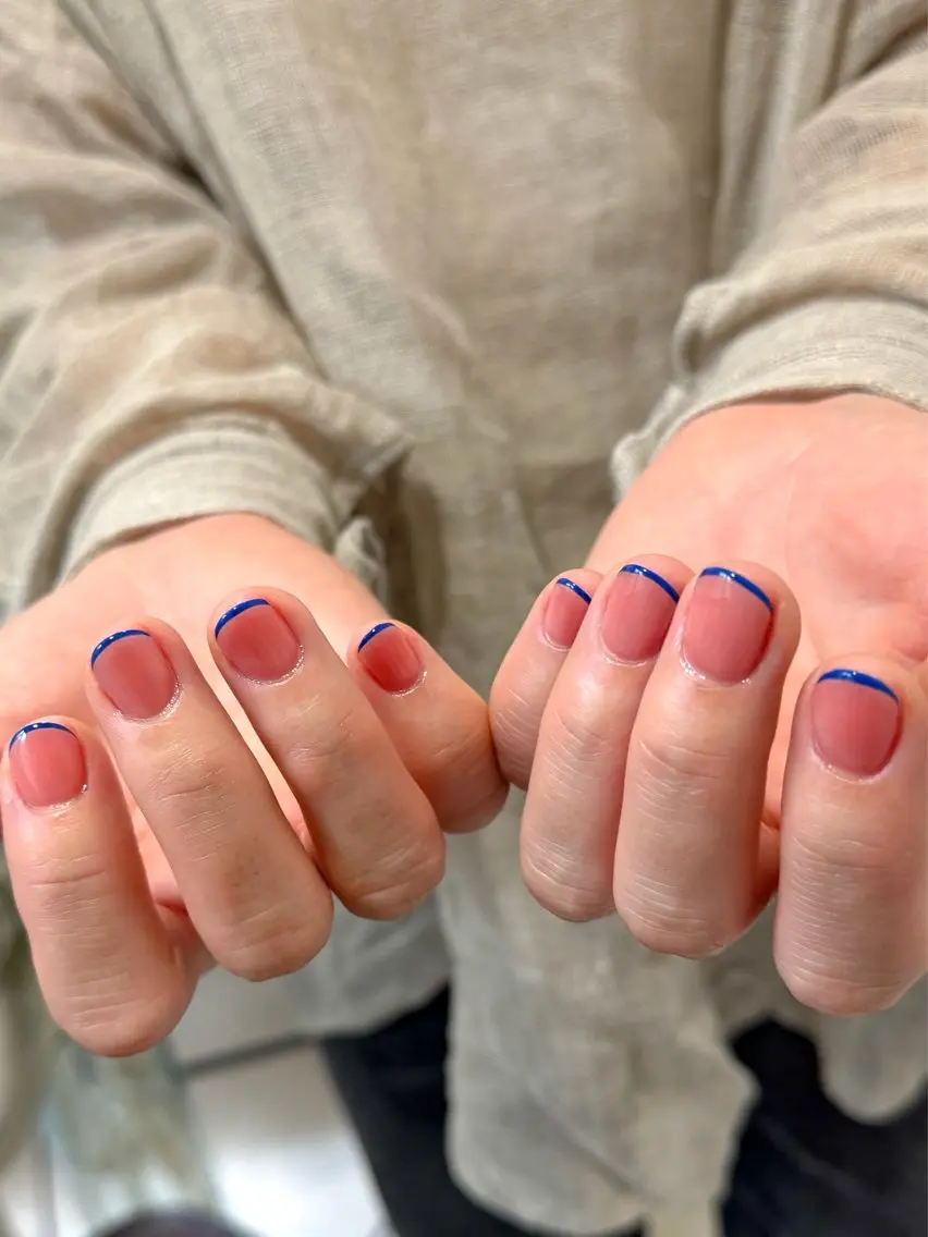 ネイル ブルー フレンチネイル ピンク シンプルネイル ハンドネイル pointillé .ayaのネイルデザイン