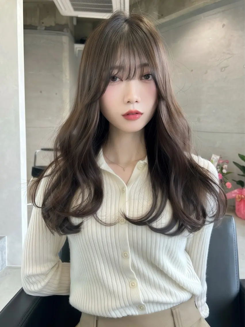 ロング カット ヘアカラー トリートメント 韓国🇰🇷レイヤー カットオリーブカラーのヘアスタイル