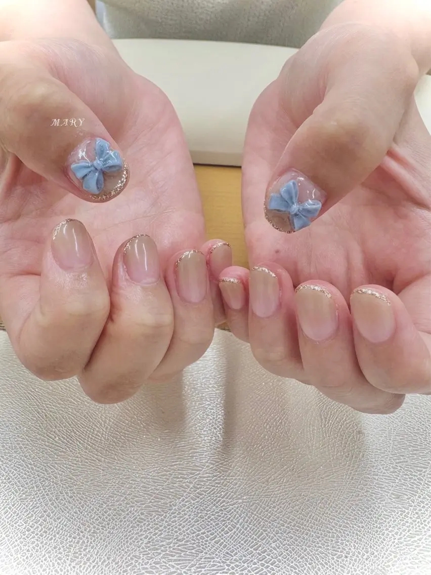 ネイル グラデーション ニュアンスネイル リボン ハンドネイル Mary nail .narumiのネイルデザイン