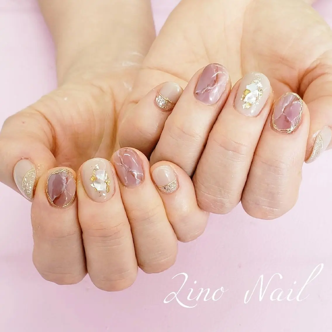 ネイル カジュアル ジェルネイル ラメ(グリッター) 大理石ネイル(マーブル) ミラーネイル ハンドネイル Lino Nailのネイルデザイン
