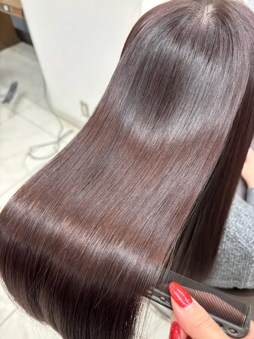ロング カラー ブラウンカラー ラベンダーカラー ピンクカラー ピンクラベンダー ピンクラベンダーブラウン 長妻莉央/縮毛矯正 髪質改善カラーのヘアスタイル