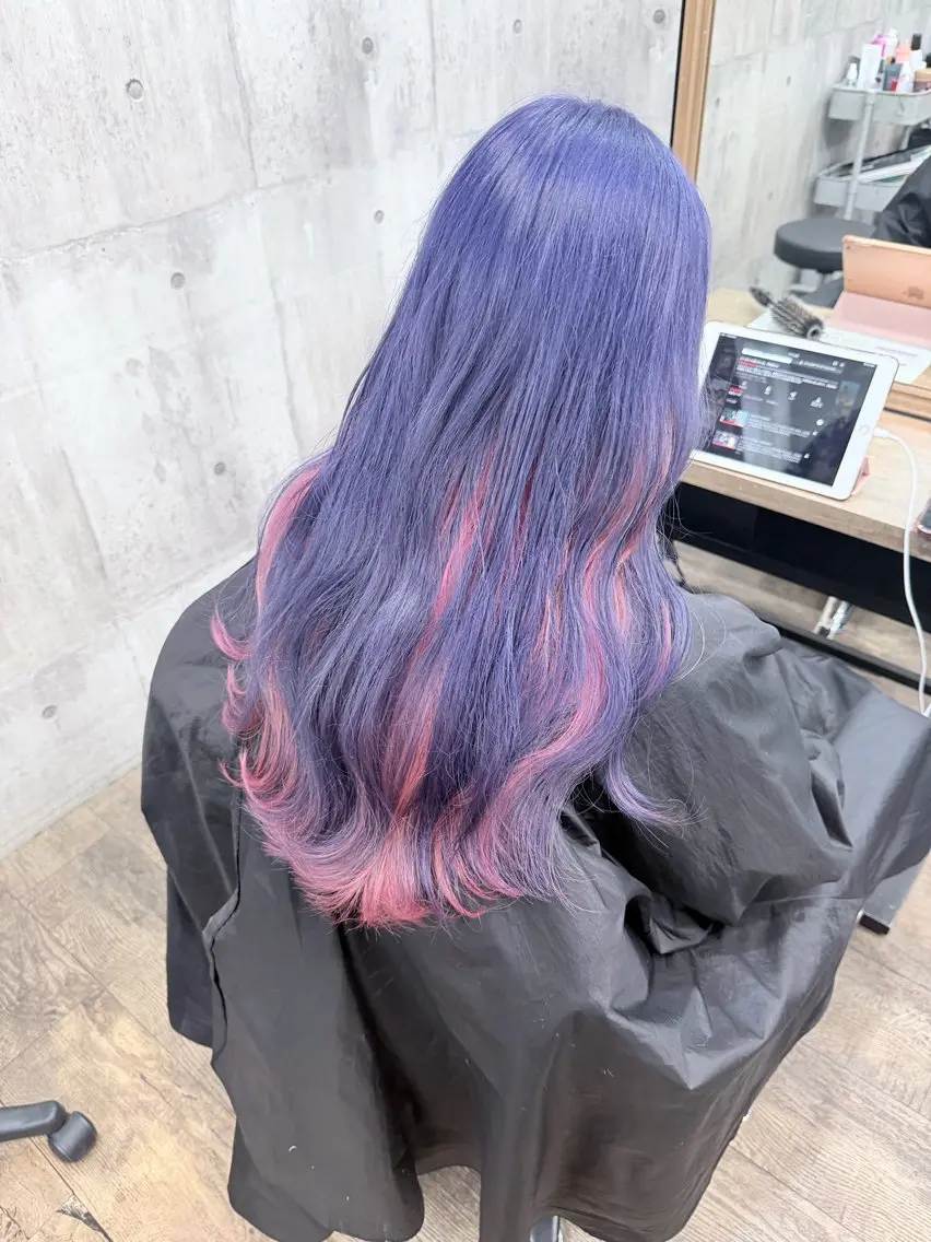 ロング ボブ ハイライト レイヤーカット サニーサイド大名 ダブルカラー髪質改善のヘアスタイル
