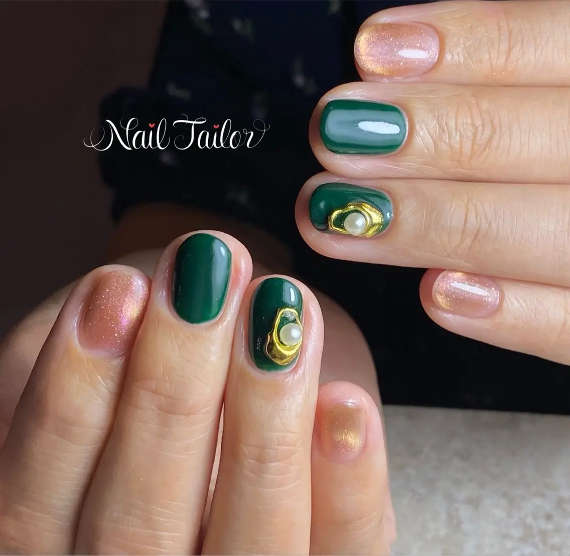 ネイル 長さ出し ジェルネイル グリーン キラキラネイル マグネットネイル ハンドネイル NailTailor ネイルテイラーのネイルデザイン