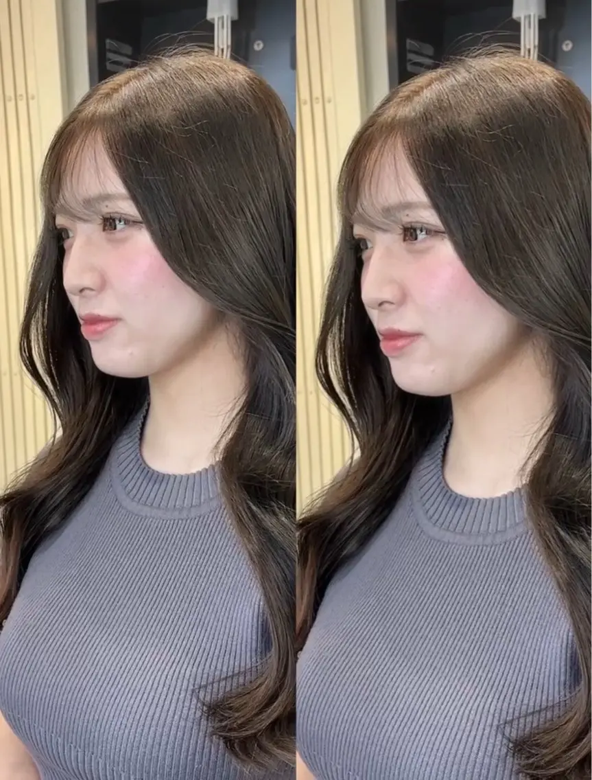 ロング 顔周りカット 韓国風ヘア レイヤーカット カット ヘアカラー トリートメント 顔まわりレイヤー/諒 オリーブカラー/天神のヘアスタイル
