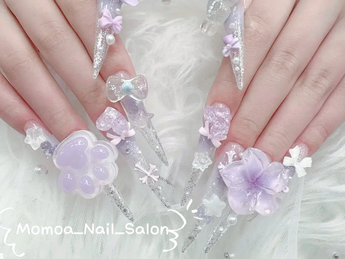 ネイル 成人式 ロングネイル マグネットネイル 大理石ネイル(マーブル) 持ち込み ハンドネイル MoMoA Nail ネイル長さ出し専門店のネイルデザイン