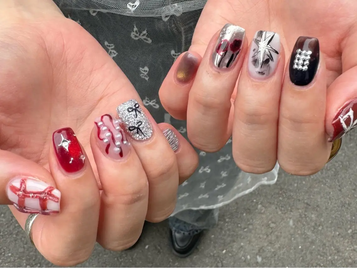 ネイル フレンチネイル ハート ロングネイル マグネットネイル ミラーネイル MH_ Nailのネイルデザイン