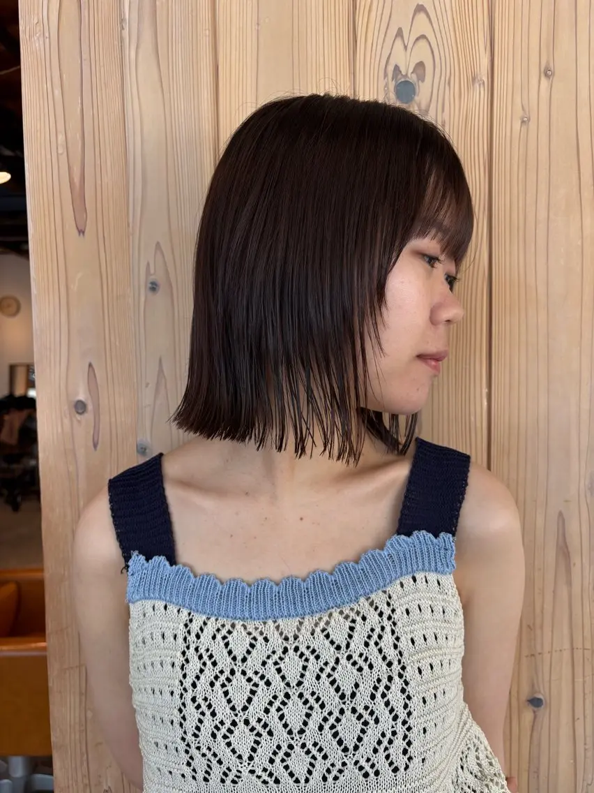 ミディアム 切りっぱなしボブ ボブ カット 縮毛矯正 切りっぱなしボブ/ 三瀬翔のヘアスタイル