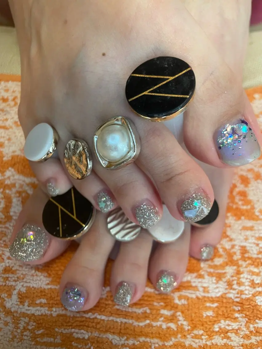 ネイル ブルー フラッシュネイル フットネイル ジェルネイル ホログラムネイル NAIL★M 真紀のネイルデザイン