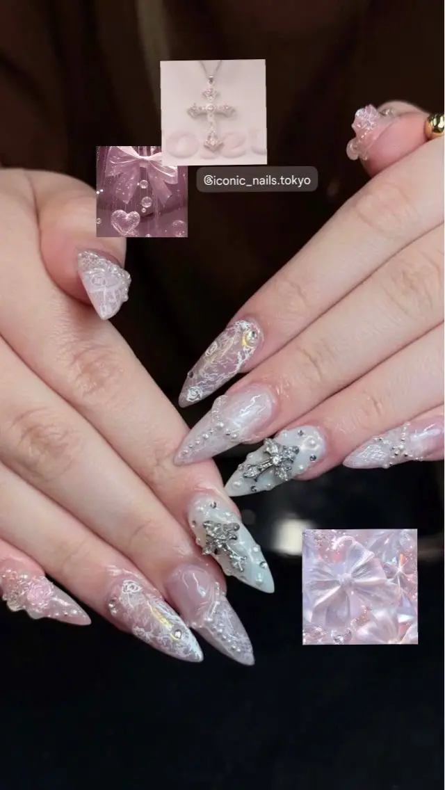 ネイル レース ロングネイル 持ち込み リボン シルバー Iconic Nailのネイルデザイン