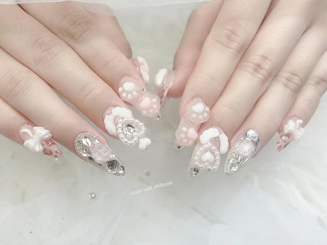 ネイル 成人式 大理石ネイル(マーブル) リボン 夏ネイル ネイルチップ ハンドネイル Mei Salon 長さ出し専門店のネイルデザイン