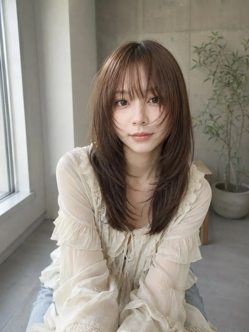 ロング カラー ベージュカラー オリーブベージュ ハイレイヤー レイヤーカット カット ヘアカラー SHOEI／レイヤー /ストレートのヘアスタイル