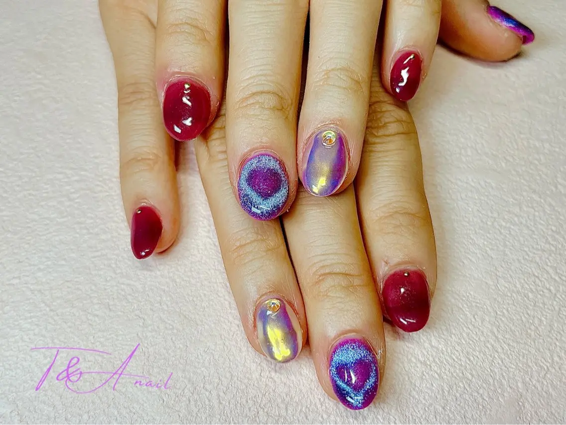 ネイル 長さ出し ジェルネイル ハート マグネットネイル パープル T&A nailのネイルデザイン