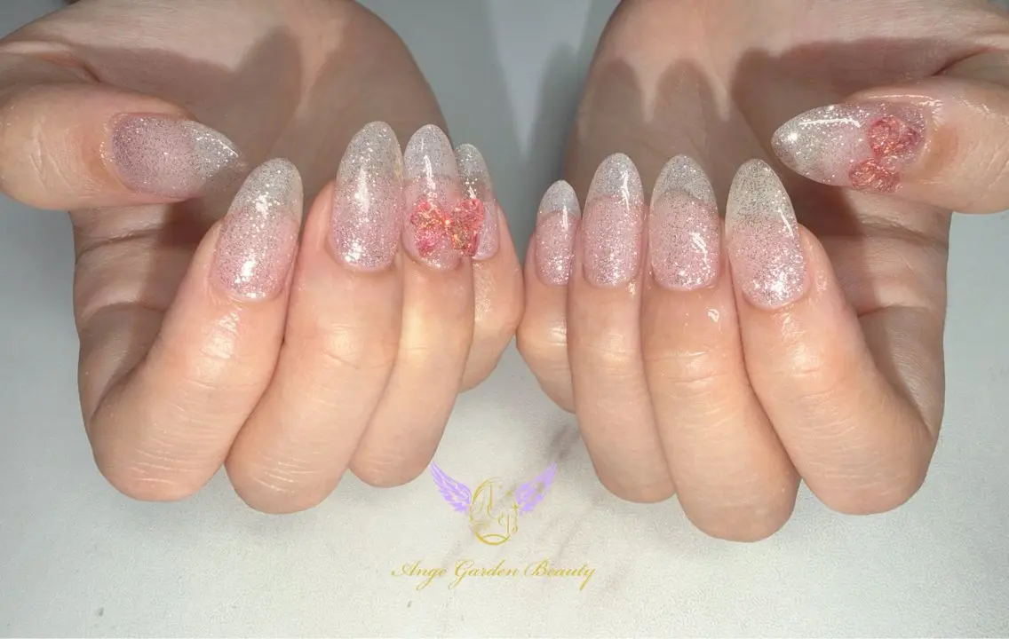 ネイル クリアネイル フラッシュネイル ワンカラーネイル リボン ハンドネイル AngeGarden Beautymihoのネイルデザイン